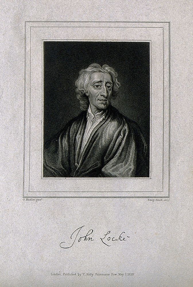 John Locke. Stipple engraving by H. Adlard, 1829, after Sir G. Kneller.