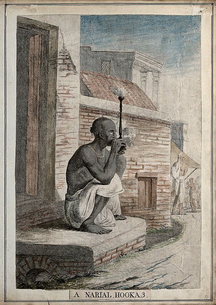 Seated man in doorway smoking a cocoa nut hookah, Calcutta, West Bengal. Coloured etching by François Balthazar Solvyns…