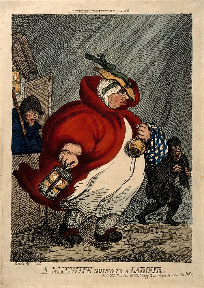An obese midwife on her way to a labour in the early hours of the morning. Coloured etching by T. Rowlandson, 1811.
