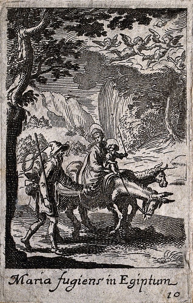 Mary and Joseph ride to Egypt with the infant Jesus. Etching by or after J. Callot.