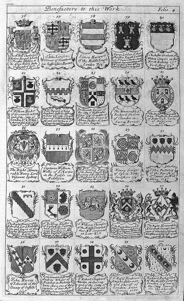 Engraving of arms of patrons from, Le Grand, An entire body of philosophy..., 1694