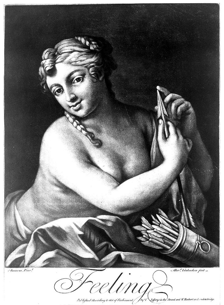 A woman feeling the tip of an arrow with her finger; representing the sense of touch. Mezzotint by A. van Haecken after J.…