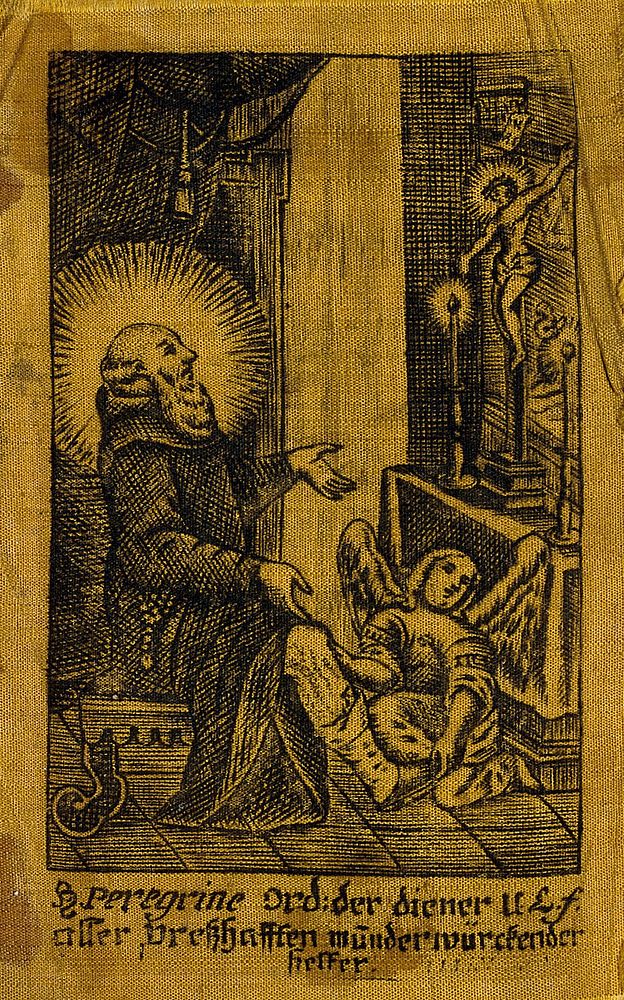 Saint Peregrinus Laziosi: a vision of Christ heals his leg by the ministration of an angel. Engraving on yellow silk.