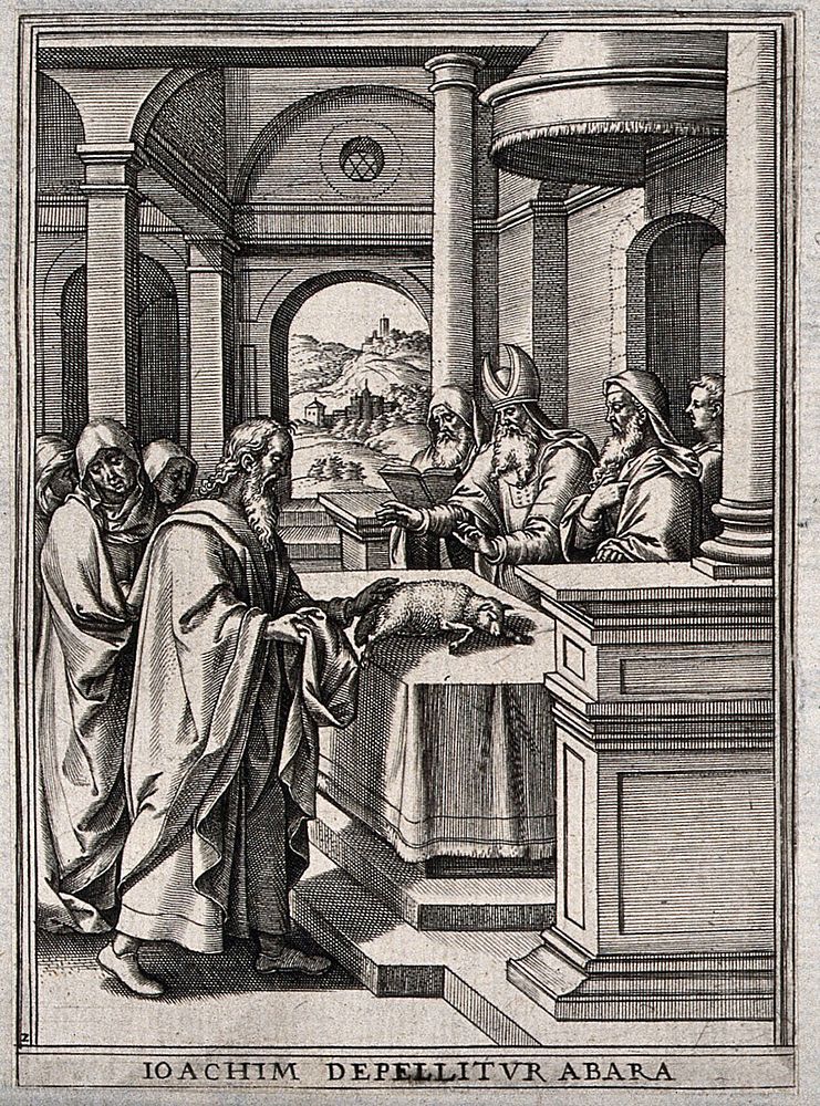 Saint Joachim: his offering of a lamb for sacrifice is rejected. Line engraving by H. Wierix.