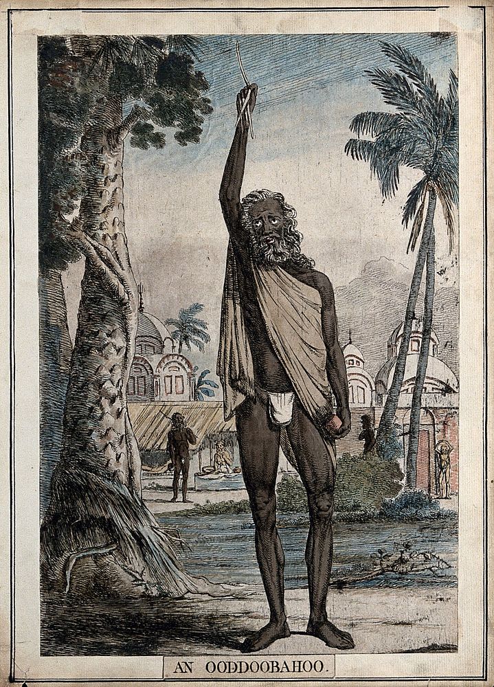A sadhu with raised arm and overgrown fingernails, Calcutta, West Bengal. Coloured etching by François Balthazar Solvyns…