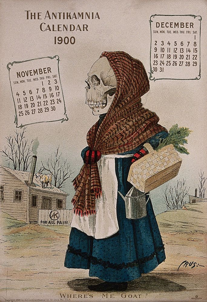 A skeleton dressed as a peasant woman. Lithograph by L. Crusius, 1900.
