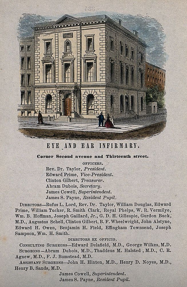 Eye and Ear Infirmary, New York City. Coloured wood engraving.
