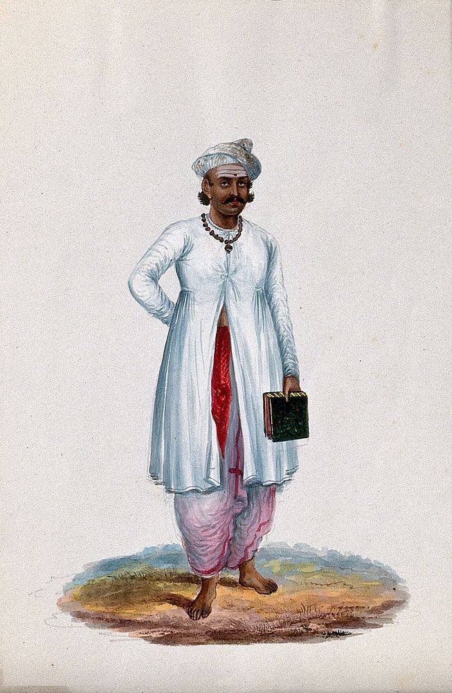 An Indian accountant  carrying a book. Gouache painting by an Indian artist.