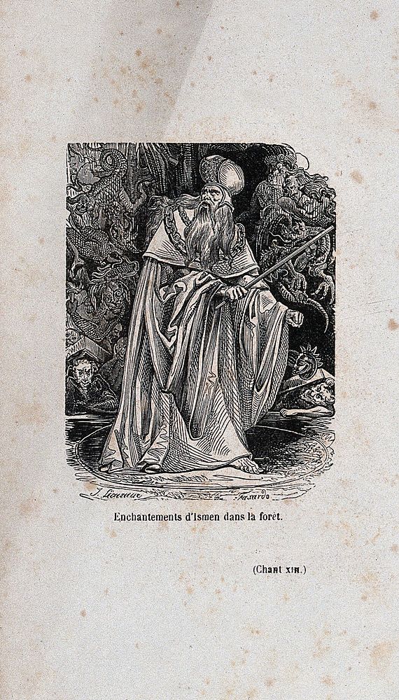 The sorcerer Isman with a wand in an enchanted forest: an episode in Gerusalemme liberata by Tasso. Wood engraving by J.A.…