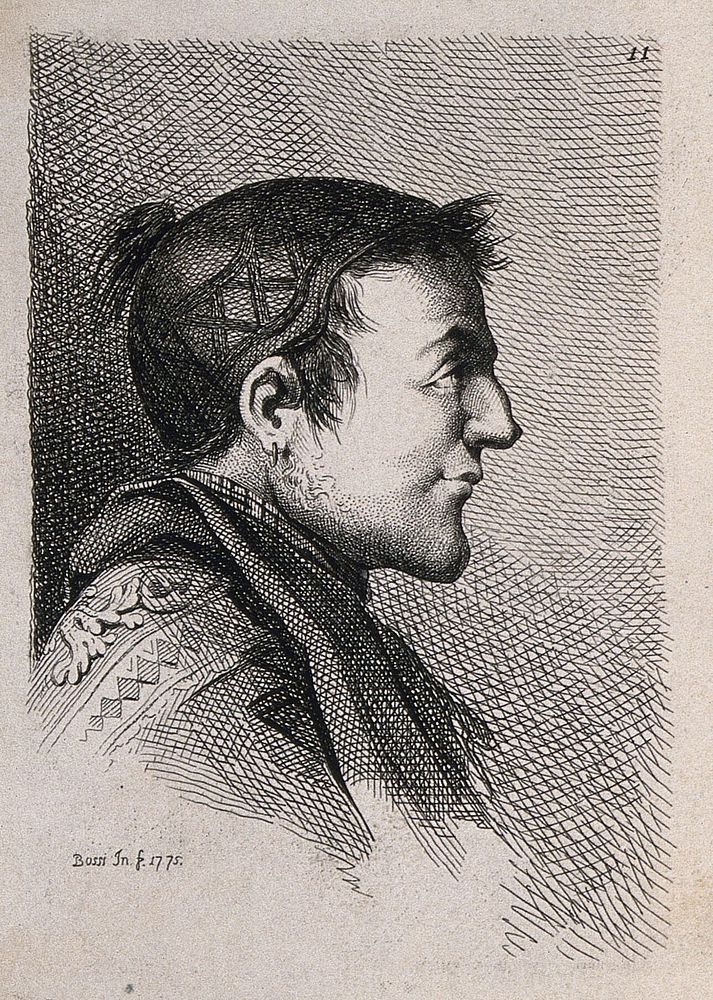 A man in profile; a physiognomic caricature. Engraving by B. Bossi, 1775, after himself.