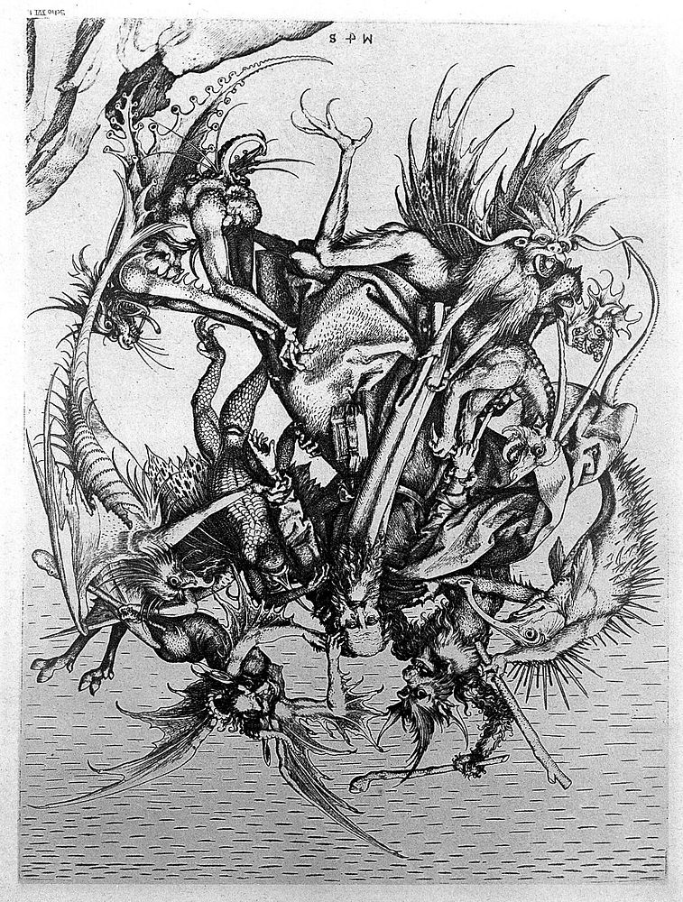 Saint Anthony Abbot is tormented by seven hell-born creatures; representing the temptation of Saint Anthony. Process print…