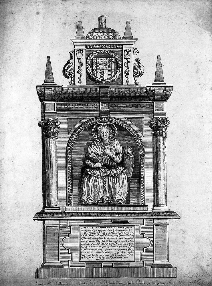 A monument to Lady Margaret Legh who is holding a babe to her chest. Etching by JB, 1794, after a tomb sculpture, 1603.