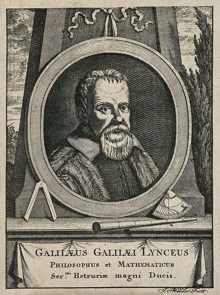 Galileo Galilei. Reproduction of line engraving by J. Mulder, 1700.
