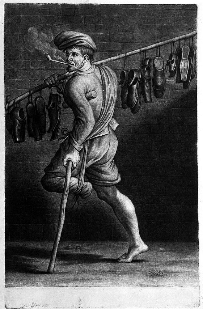 A shoe-seller who has one foot and goes himself unshod. Mezzotint by J. Gole after G.M. Mitelli.