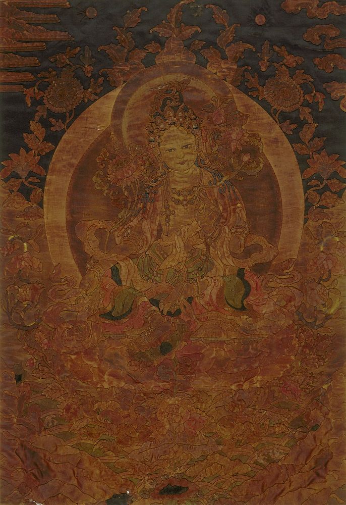 Temple hanging, framed, of satin applique on satin. The design represents Buddha seated on lotus in a field of floral sprays…