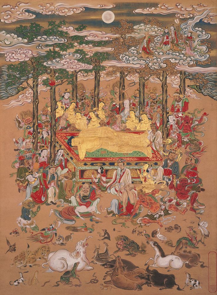 Golden Shaka laying his PR side at center of composition; surrounded by trees, human and non-human beings; 7 golden kannon…