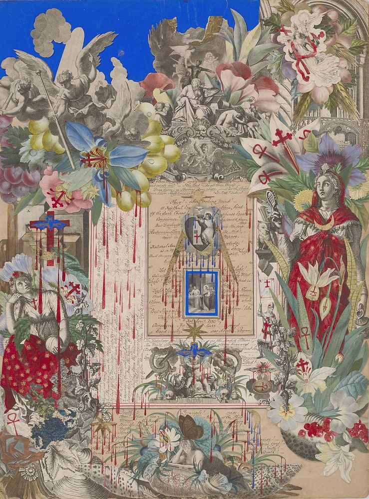 paper collage with red crosses and blood drips; mostly black and white engravings with blue ground in ULC and colored…
