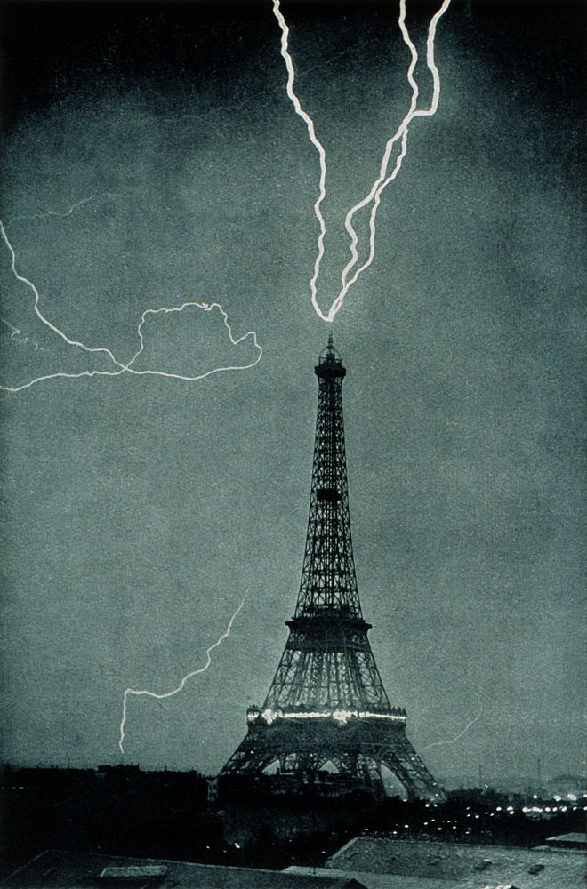 Lightning striking the Eiffel Tower, June 3, 1902, at 9:20 P.M. This is one of the earliest photographs of lightning in an…