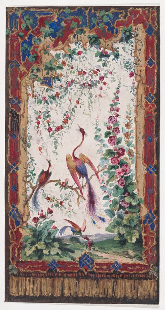 Design for Wallpaper or Panel (?) with an Orientalist Motif with Three Phoenix-Like Exotic Birds with Colorful Feathers and…