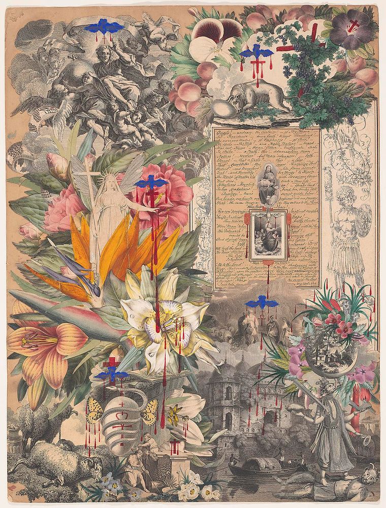 A Blood Collage: a collage comprised of black and white and colored prints of flowers and religious imagery, including the…