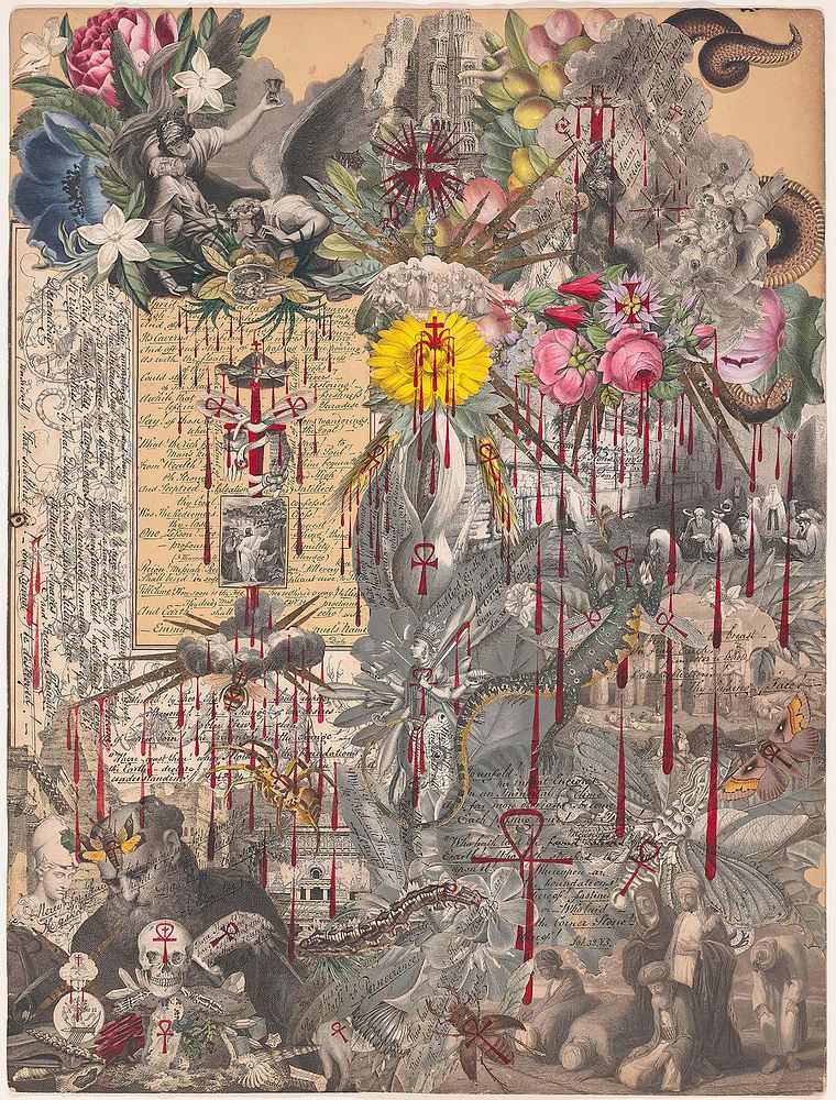 A Blood Collage: a collage comprised of black and white and colored prints of flowers and religious imagery, including…