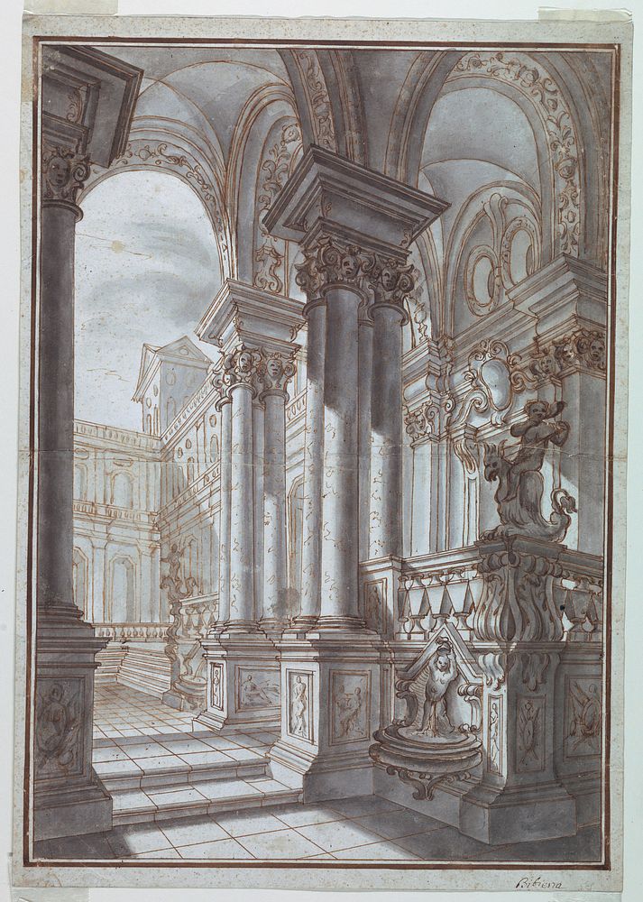 Stage Design; Palace Court, follower of Antonio or Carlo Galli Bibiena, manufacturer