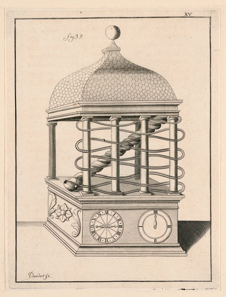 Design For a Clock, pl. XV from "Recueil d'Ouvrages Curieux de Mathematique et de Mecanique, ou Description du Cabinet"