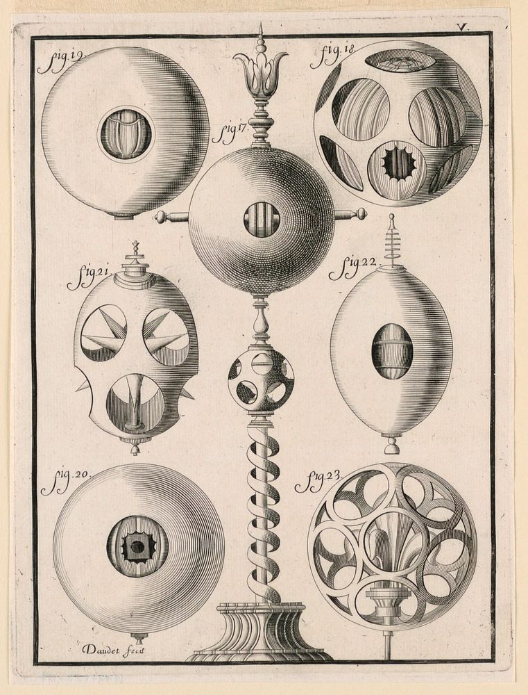 Plate 5, from Recueil d'ouvrages curieux de mathématique et de mécanique, ou description du cabinet de Monsieur Grollier de…