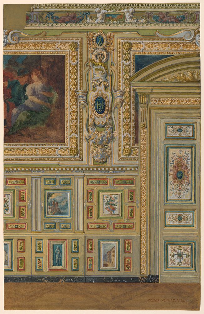 Section of a wall showing groups of painted panels, Oval Chamber, Salon Louis XIV, Palace of Fontainebleau, France by…