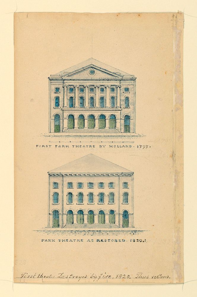 Two Elevations of the Facades of the Park Theater, New York