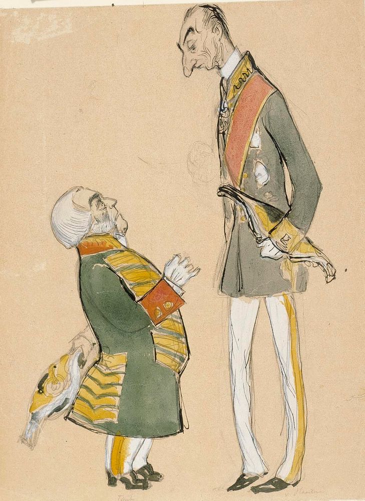 Caricature of von haartman, chairman of the nobility and baron taube by Albert Edelfelt