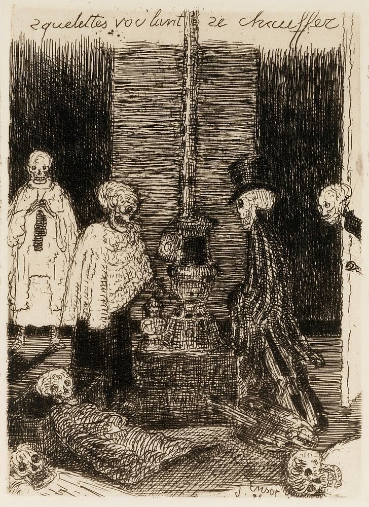 Skeletons warming themselves, 1895