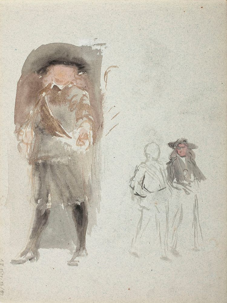 Mies 1600-luvun asussa ; kaksi miest&auml;, 1882 - 1886 part of a sketchbook by Albert Edelfelt