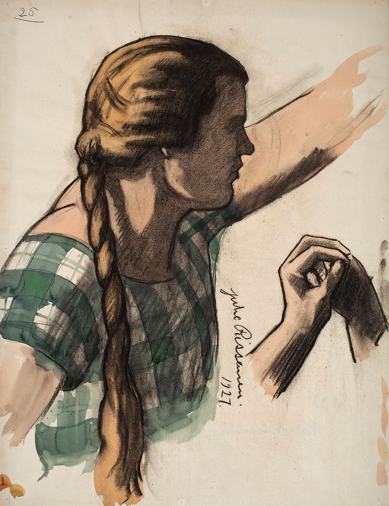 Nuori tyttö vihreäruutuisessa hameessa, luonnos kansallisteatterin freskomaalausta varten, 1927