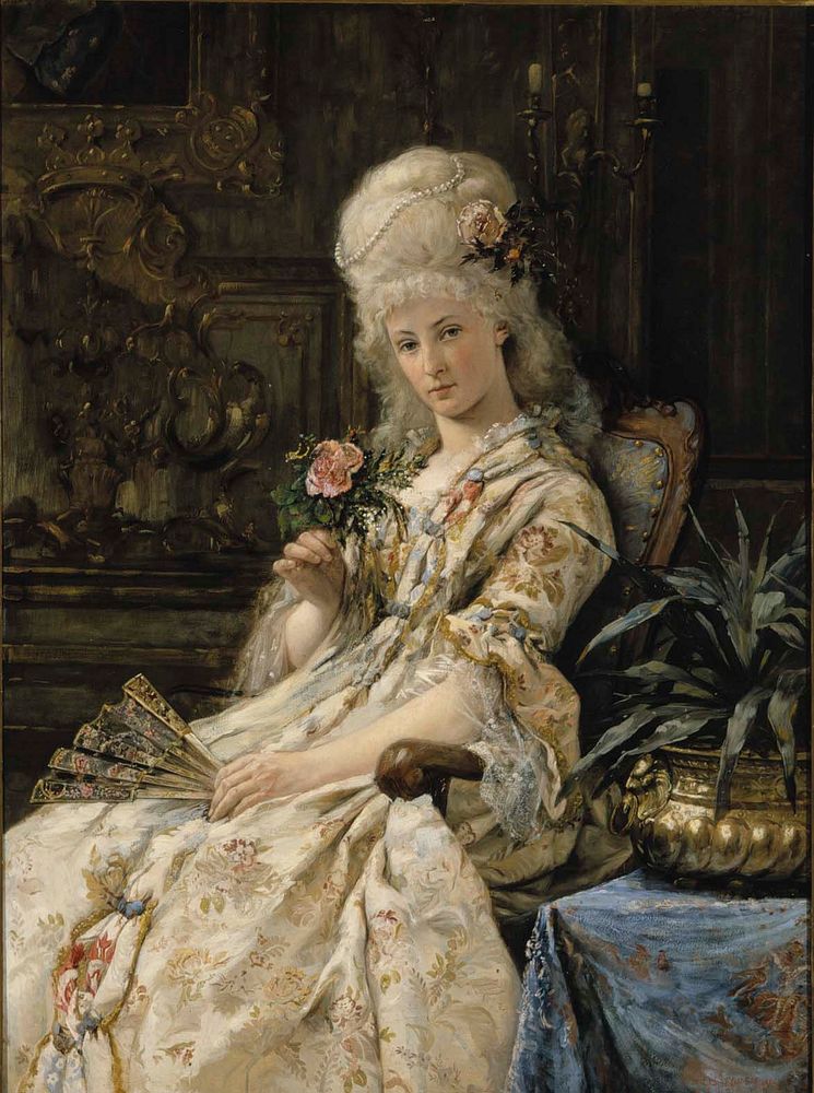 Nainen 1700-luvun puvussa (nainen ruusu kädessä), 1884