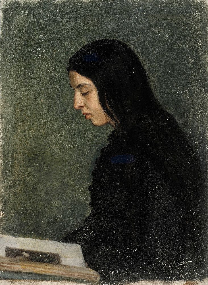 Lukeva mustahiuksinen nainen, 1860 - 1900, by Adolf von Becker