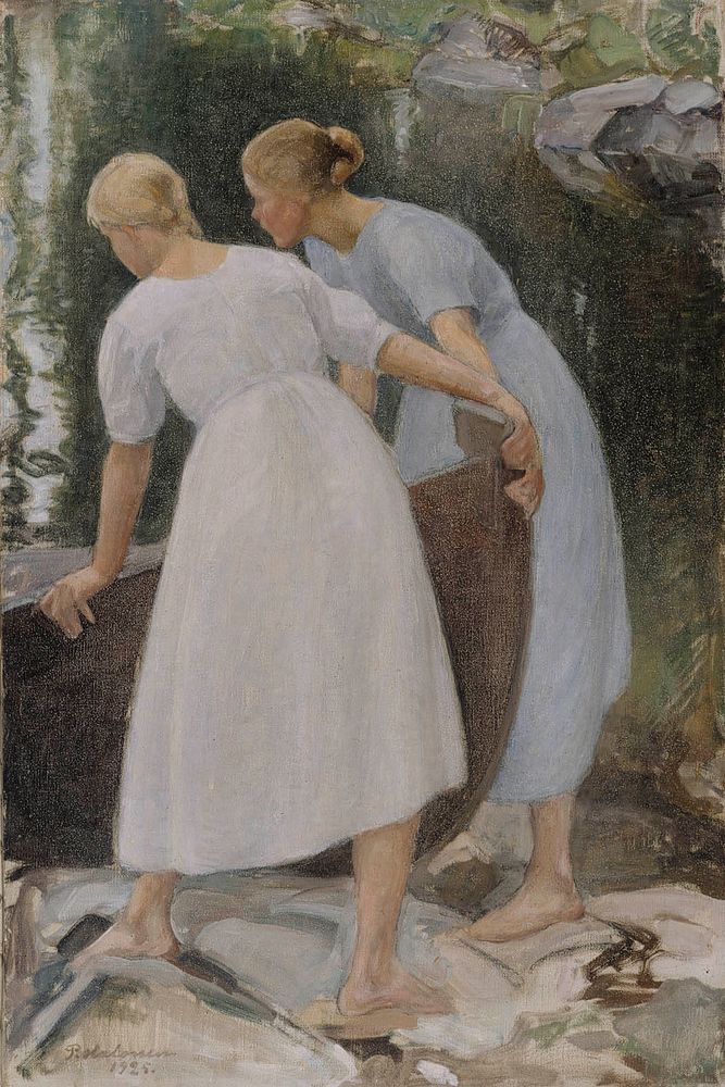 Girls pushing a boat, 1925, by Pekka Halonen