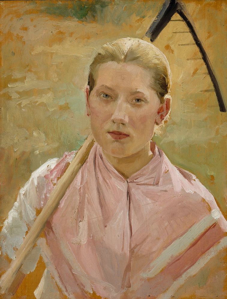 Girl with a rake, study for august, 1886, by Albert Edelfelt
