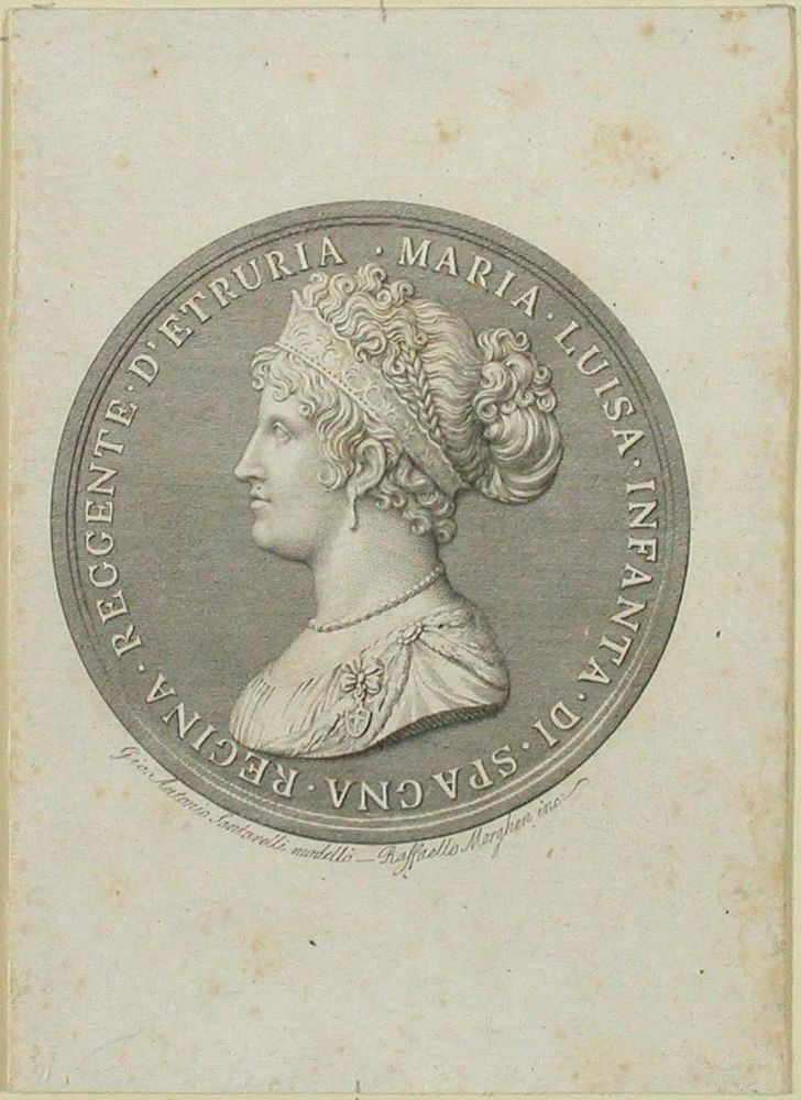 Maria luisa, etrurian hallitseva kuningatar -mitali ; gio. antonio santarellin munkaan, Raphael Morghen