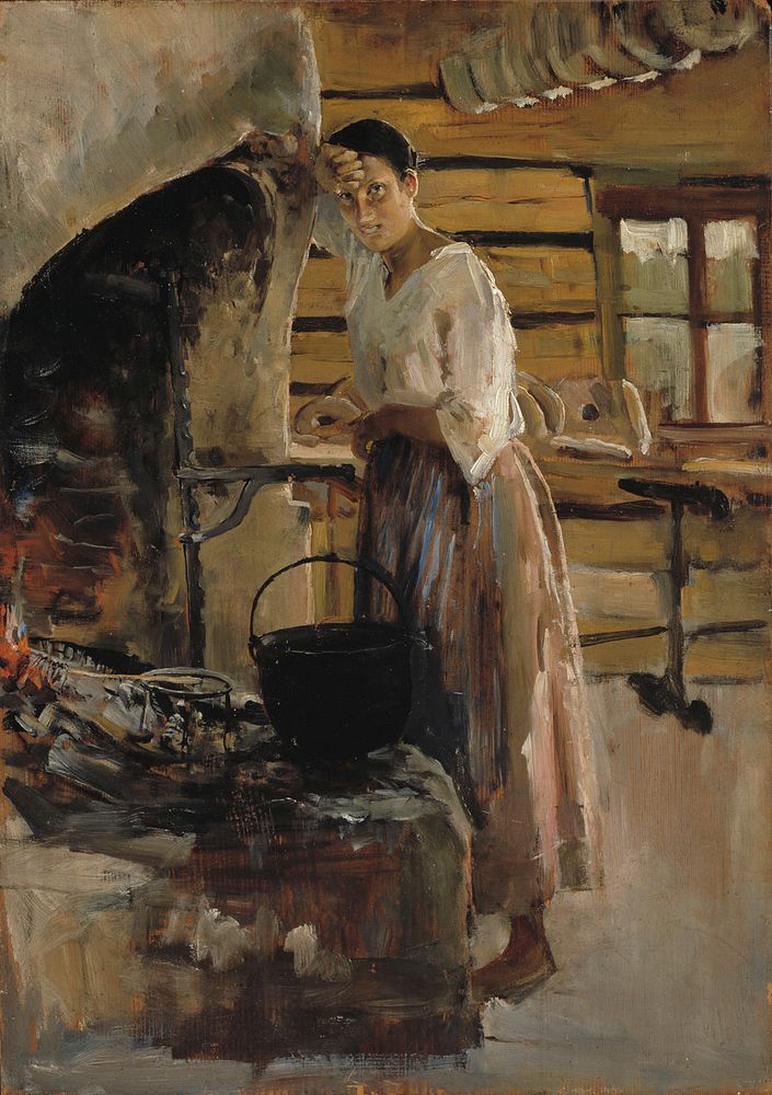 Woman cooking whitefish ; woman grilling fish, 1886, by Akseli Gallen-Kallela