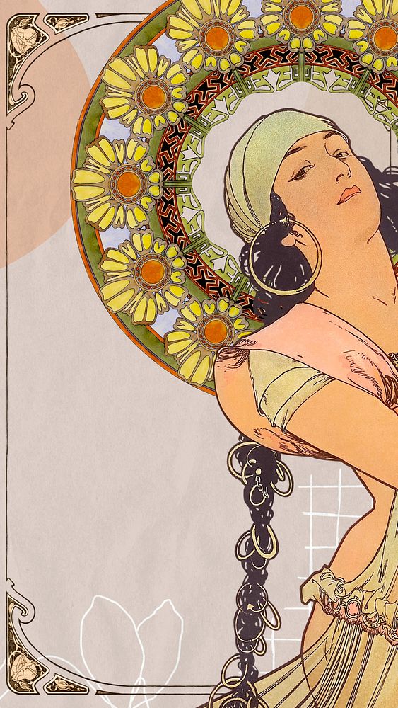 Alphonse Mucha's Salom&eacute; mobile wallpaper, vintage woman aesthetic background, remixed by rawpixel