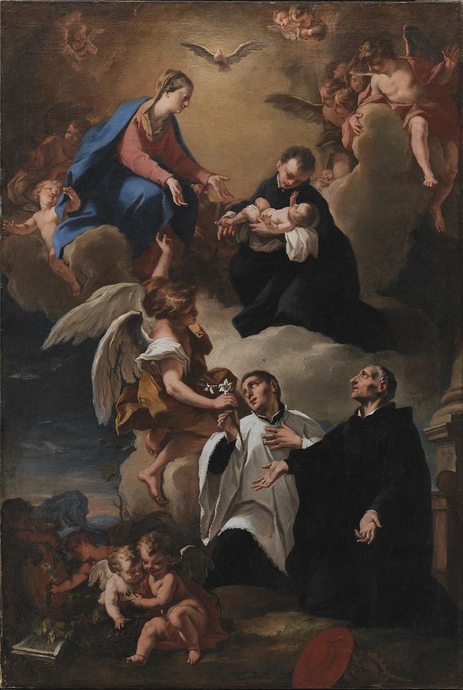 The Holy Spirit, angels and the Virgin Mary with Saints Markus, Stanislaus Kostka (with the child), Aloysius Gonzaga and…