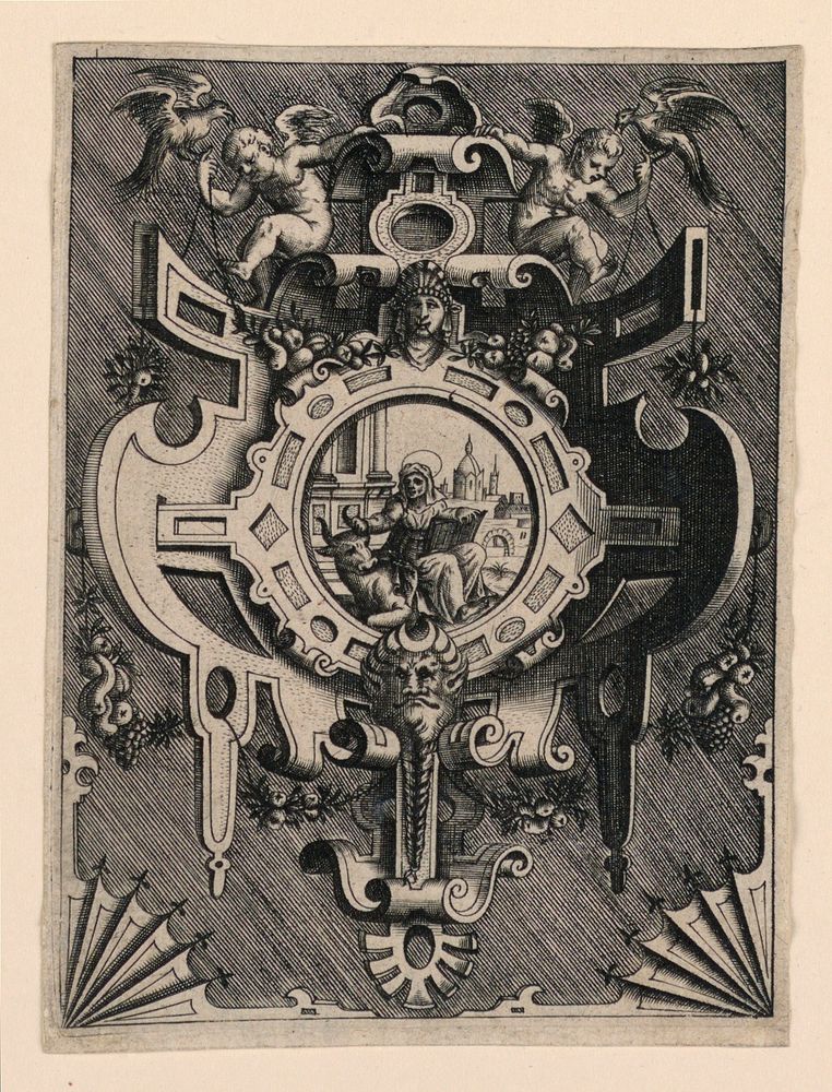 Scrollwork Escutcheon with Representation of Saint Luke the Evangelist, Jacob Floris The Elder