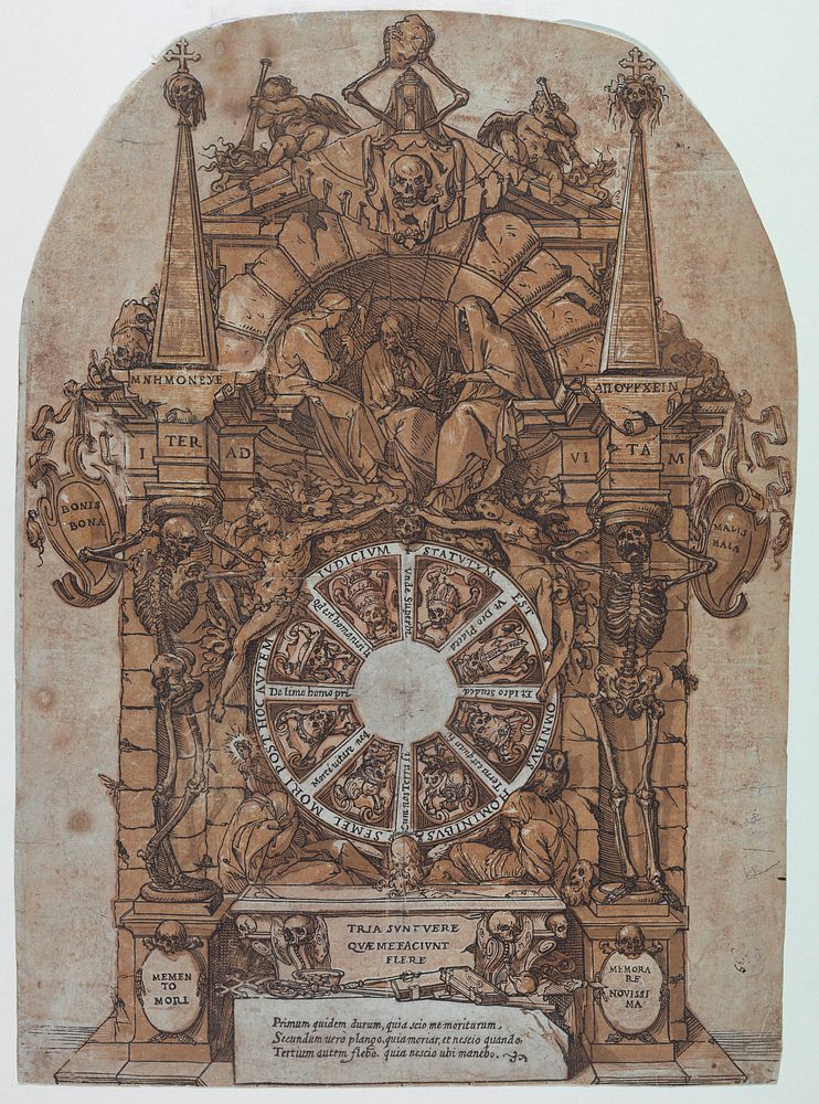 Triumph of Death with three fates in an architectural frame above a wheel of fortune flanked by skeletons; a skull and an…