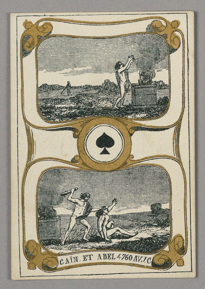 Cain and Abel, Playing Card from Set of "Cartes héroïques" or "Des grands hommes", Alphonse Joseph Ferdinand Minne