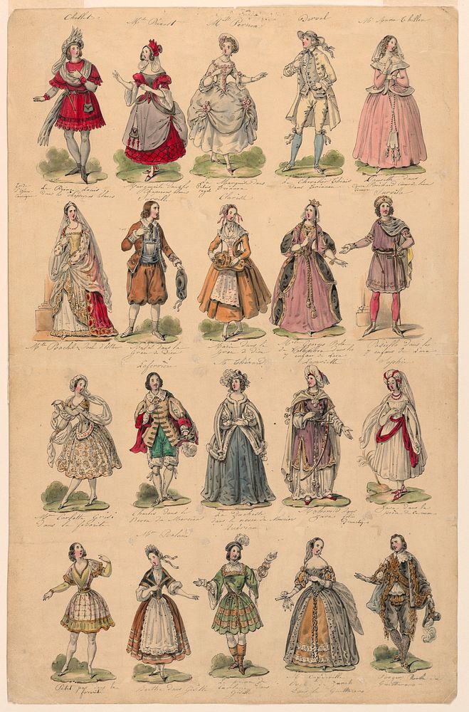 Design for a Print with Twenty Theatrical Costumes Worn in Paris Performances, Jean Victor Adam