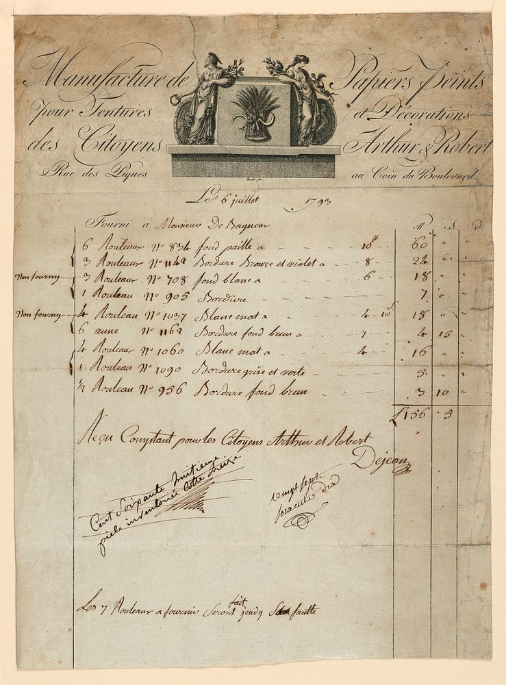 Wallpaper Invoice for the firm of Arthur et Robert, Louischarles Ruotte