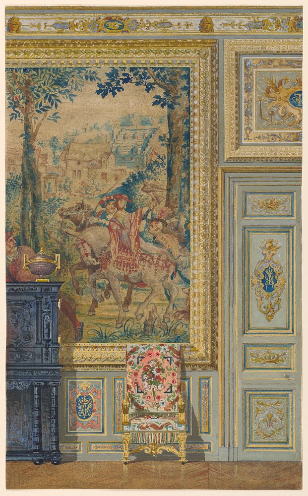 Section of a wall showing portion of Flemish tapestry, Tapestry room, Palace of Fontainebleau, France, Frederick Marschall