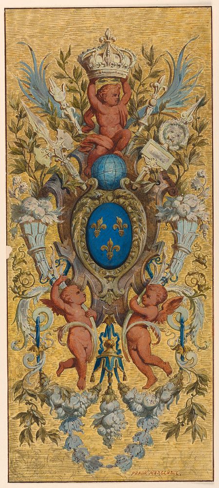 Panel, escutcheon surrounded by cherubs and other motifs, Frederick Marschall