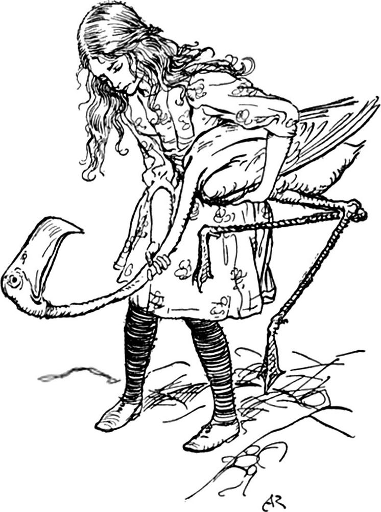 Alice playing croquet with a flamingo, a scene Alice's adventures in Wonderland (1916) by Arthur Rackham